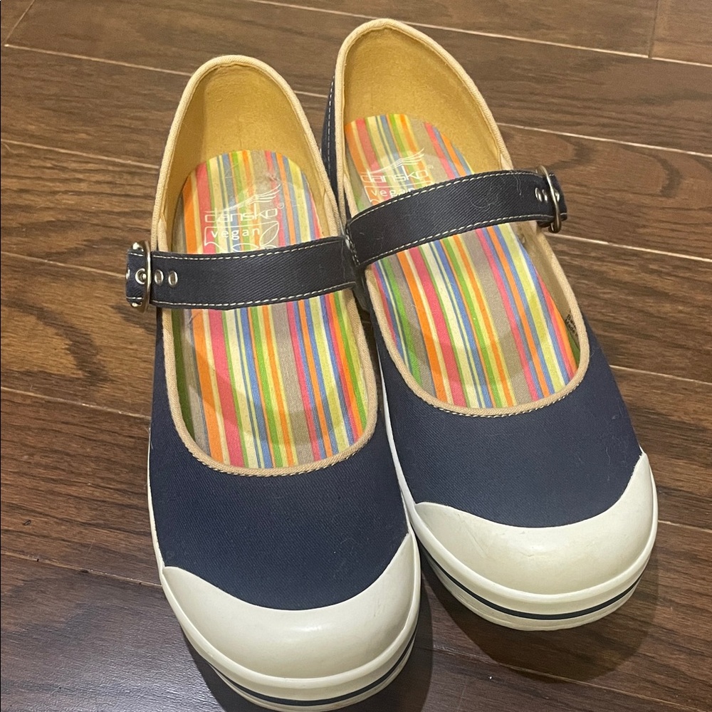 Dansko clogs in Navy and Cream